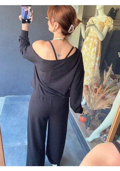 Kadın Uzun Kollu Tek Omuzdan Açık Viskon Iki Iplik Bluz ve Pantolon Ikili Takım fırsatları