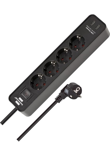 Ecolor Serisi 4 Soketli 2 Adet Type-C Hızlı Şarj Özellikli 1,5 Metre Kablolu Anahtarlı Priz Siyah