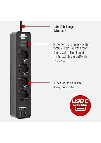 Ecolor Serisi 4 Soketli 2 Adet Type-C Hızlı Şarj Özellikli 1,5 Metre Kablolu Anahtarlı Priz Siyah fiyatları