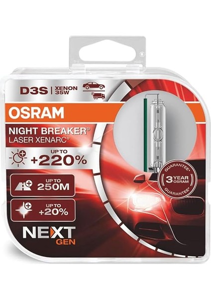 D3S Xenarc Nıght Breaker Laser Xenon Far AMPULÜ,%220 Daha Fazla Görüş, 250 Metre Görüş Mesafesi, 3 Yıl Garanti, 2'li Paket