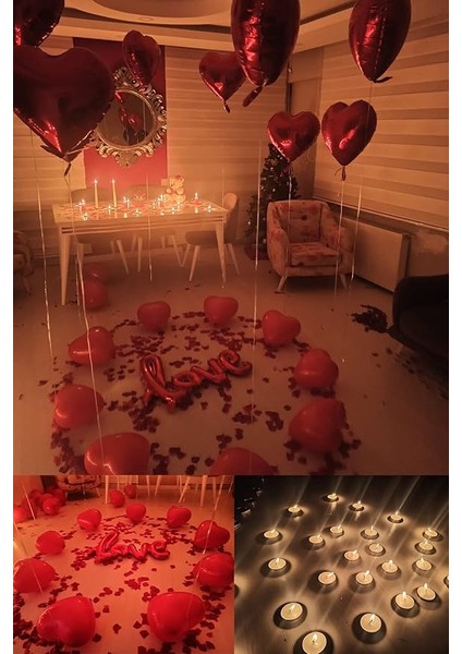 Dolabı Parti Oyun Seti, Kalp Mum, Love ve Kalp Balon, Gül Yaprağı, Tealight Mum Süsleme, Çocuk, Aşk Tema, 100CM, 45CM