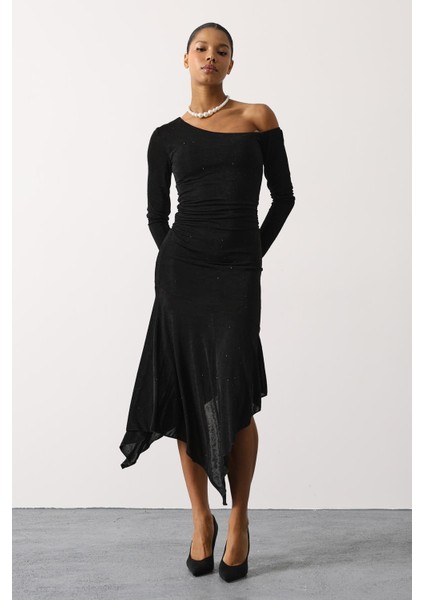 Taşlı Uzun Kol Asimetrik Elbise - Siyah fiyatları