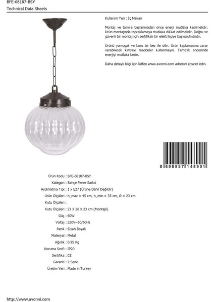 68187 Bahçe Fener Sarkıt, 60 W, Siyah indirimleri