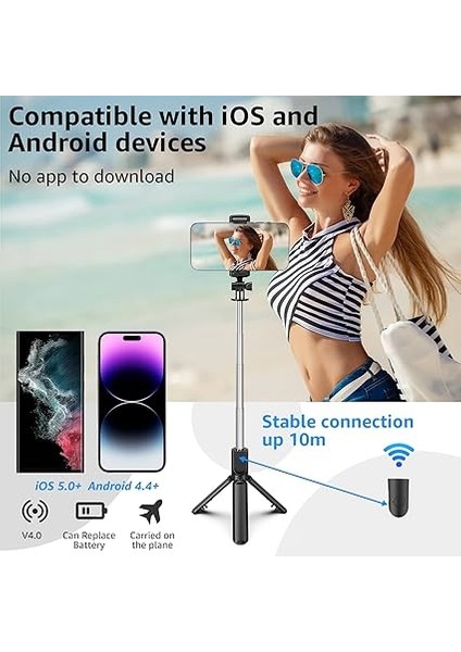 Selfie Çubuğu Tripod, 3'ü 1 Arada Bluetooth Selfie Çubuğu Tripod, 360° Selfie Çubuğu iPhone 14/14PRO Max/iphone 13/12/11/pro Max/pro/xr/xs/x/8/7, Samsung S10/S9/S8, Go Pro fiyatları