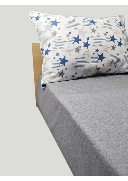 Ev Tekstil Ürünleri, Lacivert-Yildiz Tek Kişilik Lastikli Çarşaf ve Yastık Kılıfı, 100 x 200