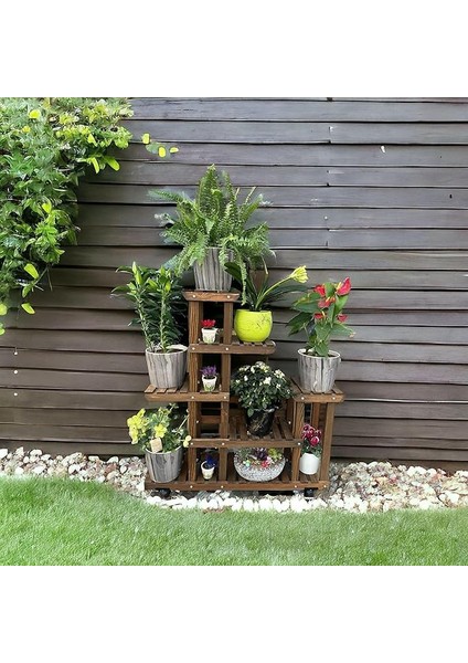 Ahşap (Çam) Ceviz Renk 6 Katlı Bitki Standı, Kilitlenebilir Tekerlekler + Mini Bahçe Seti + My Bead Kokulu Mum 50 cc