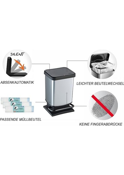 Paso Çöp Kutusu 20L Kapaklı, Plastik (Pp) Bpa Içermez, Gümüş Metalik, 20 Litre (29,3 x 26,6 x 45,7 Cm) modelleri