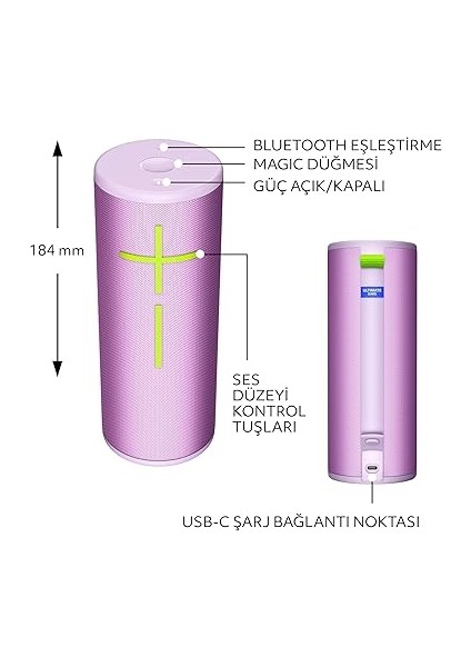 Ears Boom 4 Taşınabilir Su Geçirmez Bluetooth Hoparlör, 360 Derece, Güçlü, Sürükleyici, Kristal Netliğinde Ses, 15 Saatlik Pil Ömürlü ve 45M Kullanım Mesafeli Batmaz Hoparlör, Lila indirimleri