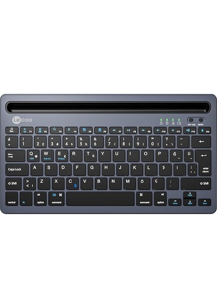 BK100 Kablosuz Bluetooth Şarj Edilebilir, Çoklu Cihaz ile Uyumlu, Telefon/tablet Tutucu Kart Yuvası, Akıllı Uyku Modlu, 40 Saat Çalışma, 78 Tuş, Kompakt Ultra Ince Qwerty Türkçe Q Klavye Gri
