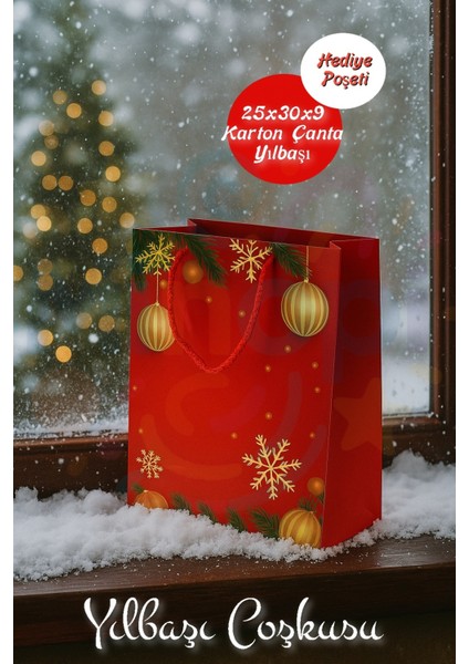 Kırmızı Noel Desenli Hediye Çantası, 5'li, 25X30X9 Cm, Yılbaşı Hediye Poşeti modelleri