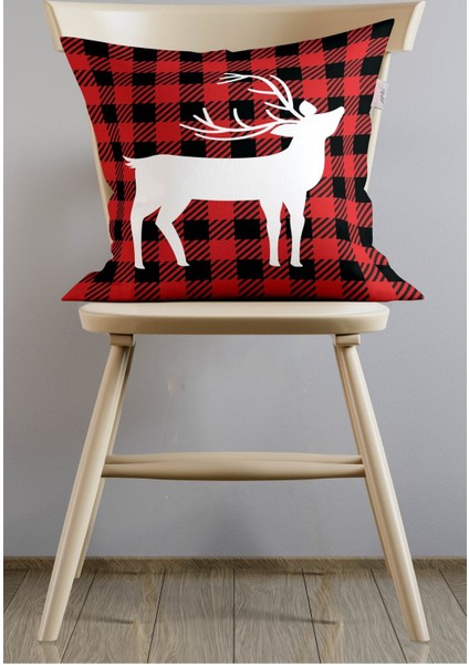 Kırmızı Geyikli Ekose Kırlent Kılıfı, Yılbaşı ve Noel Temalı Dekorasyon Için Renkli Kılıf