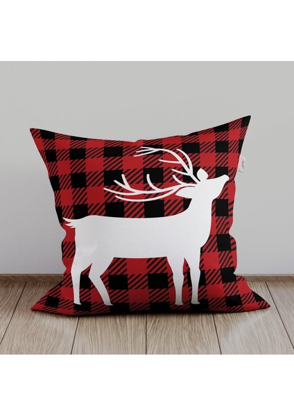 Kırmızı Geyikli Ekose Kırlent Kılıfı, Yılbaşı ve Noel Temalı Dekorasyon Için Renkli Kılıf fiyatları
