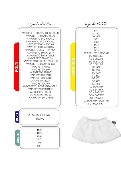 Polti-Karcher Buharlı Temizleyici Uyumlu 5 Lastikli, 5 Büyük Düz Havlu Bez Seti 10'lu (Niceset M10) fiyatları