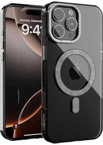 iPhone 16 Pro Max ile Uyumlu Şeffaf Taşlı Mag-Safe Kılıf – Sert Mika Sararmaz Kılıf, N52 Güçlü Mıknatıs, Bağımsız Tuşlar, Lüks Kristal Tasarım (Şeffaf Siyah, iPhone 16 Pro Max)