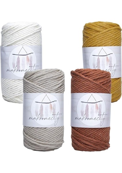 Makrome Ipi 3mm Tek Büküm Makrame Taranabilir Ip 4lü Set Ekru Hardal Kiremit Sütlü Kahve