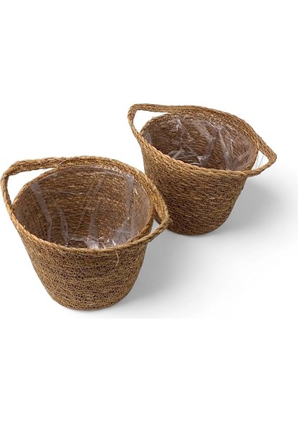 El Yapımı Çift Kulplu Hasır Saksılık | Iç Koruma Poşetli, Doğal ve Dekoratif Çift Kulplu Saksı | Bitkileriniz Için Rustik Tasarım (17CM) - Deconox El Yapımı Çift Kulplu Iç Koruma Poşetli. indirimleri