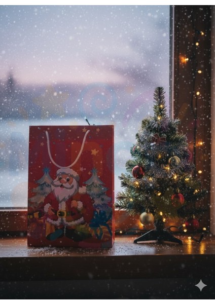Yılbaşı Noel Baba Desenli Kırmızı Hediye Çantası 25X30X9, 2'li Set modelleri