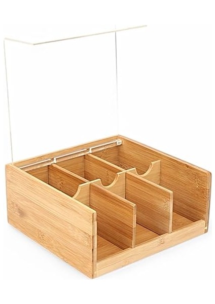 Akrilik Şeffaf Kapaklı Bambu 6 Bölmeli Çay Kutusu -%100 Orjinal Bambu Şeffaf Kapak (22CM*22CM*10CM) indirimleri
