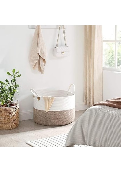 Pamuk Halat Sepeti, Tutma Saplı Pamuk Çamaşır Sepeti 100L, Oyuncak Elbise Battaniye Için, Kahverengi-Bej 55X55X35 cm fiyatları