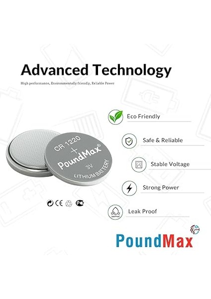 Adet CR1220 DL1220 1220 LIR1220 3V Poundmax Lityum Pil Lityum Düğme Pil, Küçük Elektronik Cihazlar Için Araba Anahtarları, Uzaktan Kumandalar, Teraziler, Saatler Ölçüm Cihazları ve Hesap Makineleri fırsatları