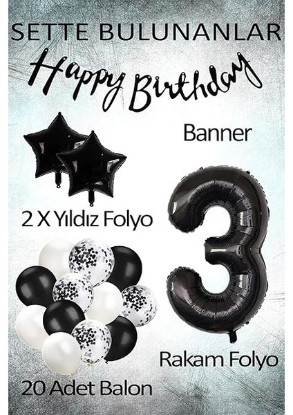 Gitti Siyah Konsept Doğum Günü Kutlama Seti; Beyaz Siyah Konfetili Balon, Rakam Yıldız Folyo ve Banner (3 Yaş) fiyatları