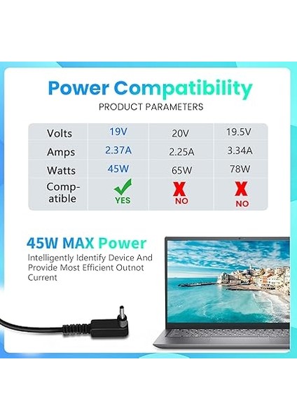 Bilgisayar Için 45W Güç Adaptörü Acer Swift 3 SF314 Swift 1 SF114-32 Aspire 5 A515-55 A515-56 A515-46 Chromebook 14 11 13 15 R11 R13 R13 PA-1450-26 Güç Kaynağı 19.5V (3.0mm* 1.1mm) modelleri