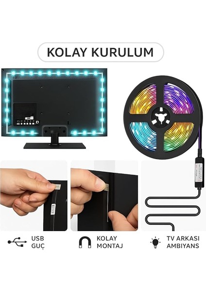 ve Pc Arkası Rgb Şerit LED Işık Seti - 3 Metre, USB Girişli, Kumandalı, 352 Renk Seçeneği, IP20 Iç Mekan, 4W Düşük Enerji Tüketimi CT4566 modelleri