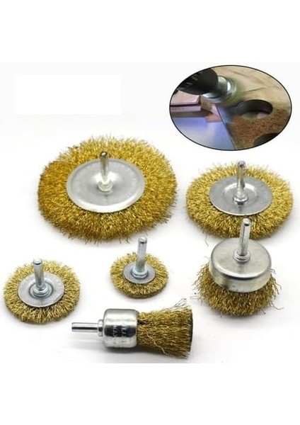 Fırça Seti Pas Yağ Kir Boya Yapışkan Çözücü 6'lı Pimli Matkap Tel Fırça Seti