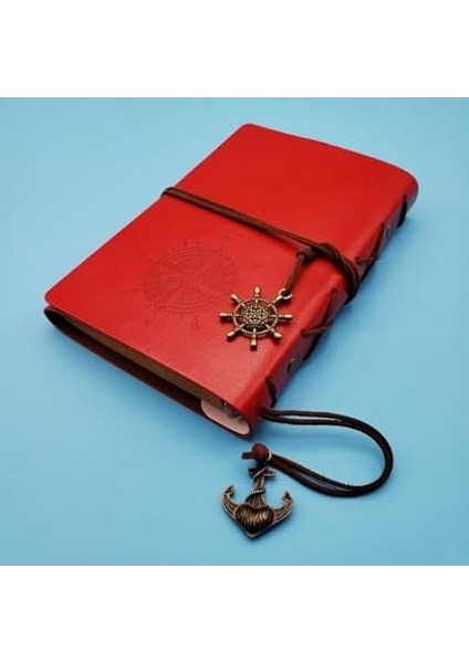 Pusula Baskılı Çapa ve Dümen Kolye Uçlu Deri Kapaklı Günlük Not Defteri Denizci Defter Özel Tasarım Hediyelik Kırmızı fiyatları