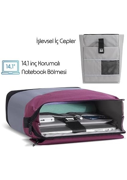 Zen Eco MCE-1303 Sırt Çantası - Macbook Çantası, Hırsızlığa Karşı Koruma, Küçük, Mini, 13-14 Inç Laptop, Günlük ve Iş Kullanımı, Şık Tasarım, Üniversite ve Okul Için, Bordo Gri modelleri