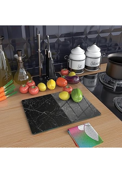 Cam Kesme Tahtası Panosu 25 x 35 Kırılmaya Isıya Çizilmeye Dayanıklı Antibakteriyel Doğal Kesme Tablası Siyah Mermer Design indirimleri