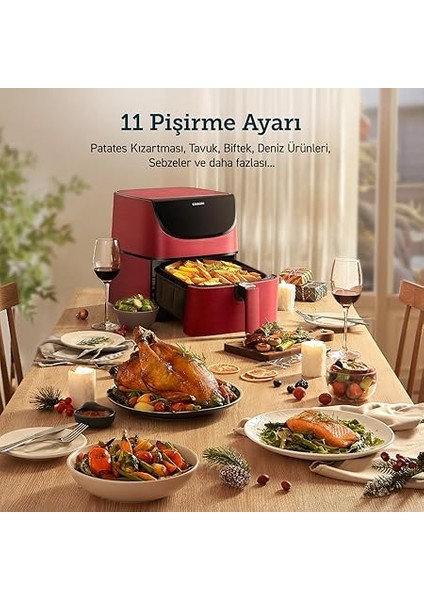 5.5 L Yağsız Fritöz, 11 Programlı Sıcak Hava Fritözü, Ispanyolca 100 Tarif, Sıcak Tutma Fonksiyonlu, LED Dokunmatik Ekran, Zamanlayıcı, 1700 W, Kırmızı indirimleri