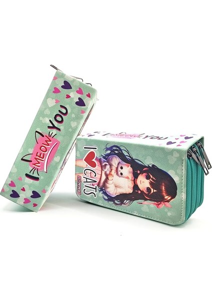 Kutusu Kedili Kız Kawai Organizer Kalemkutu Vegan Deri Üç Bölmeli Kalemlik -Yeşil