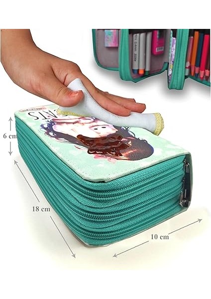 Kutusu Kedili Kız Kawai Organizer Kalemkutu Vegan Deri Üç Bölmeli Kalemlik -Yeşil indirimleri