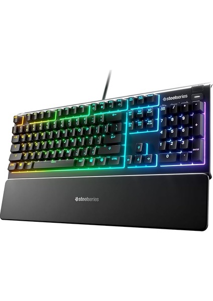 Apex 3 Rgb Oyun Klavyesi 10 Bölgeli Rgb Aydınlatma IP32 Su Geçirmez Birinci Sınıf Manyetik Bilek Desteği 64812 Çok Sessiz Hissedilir ve Sessiz