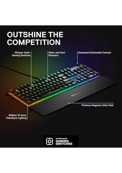Apex 3 Rgb Oyun Klavyesi 10 Bölgeli Rgb Aydınlatma IP32 Su Geçirmez Birinci Sınıf Manyetik Bilek Desteği 64812 Çok Sessiz Hissedilir ve Sessiz modelleri