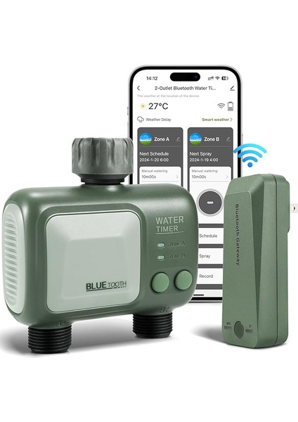Bahçe Için 2 Çıkışlı Akıllı Yağmurlama Zamanlayıcı, Wıfı Hublı Hortum Sulama Zamanlayıcısı, Kablosuz Uzaktan App Kontrolü Sulama Sistemi, Bahçe Çim Sulama Için Su Akış Ölçer
