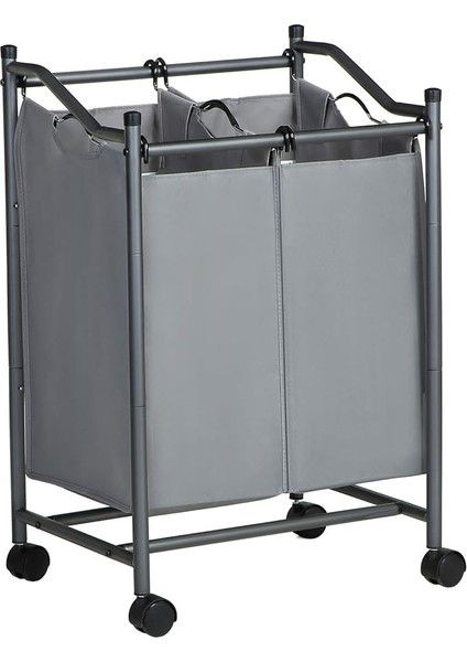 Çamaşır Ayırıcı, Tekerlekli ve 2 Bölmeli, Çamaşır Sepeti, Çıkarılabilir Çantalı Çamaşır Arabası, Toplam Kapasite 90 L, Gri, LSF002GS