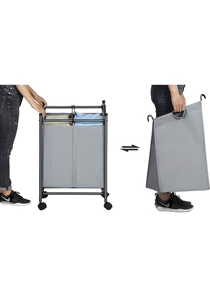 Çamaşır Ayırıcı, Tekerlekli ve 2 Bölmeli, Çamaşır Sepeti, Çıkarılabilir Çantalı Çamaşır Arabası, Toplam Kapasite 90 L, Gri, LSF002GS indirimleri