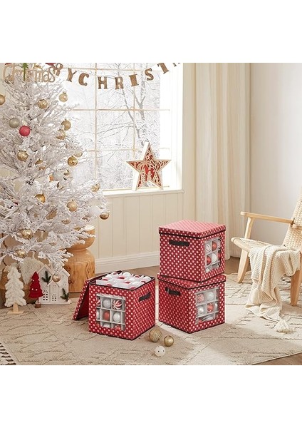 Saklama Kutuları, 3'lü Set, Katlanır Kutular, Kutu Başına 64 Küçük Bölme, Esnek Ayırma Duvarları, 30,5 x 30,5 x 30,5 Cm, Kırmızı, Kar Tanesi Desenli RFB029R01 fiyatları