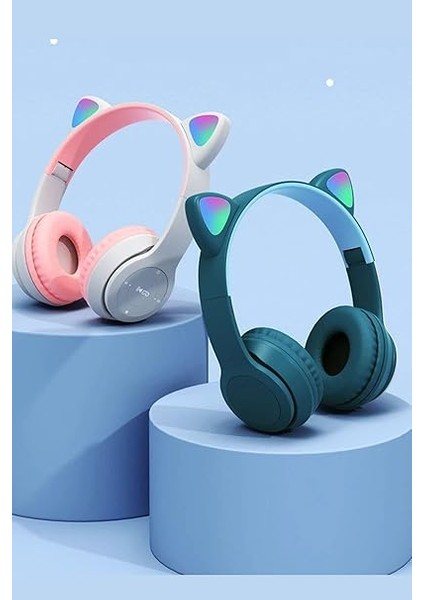 Kedi Kulağı Bluetooth Kablosuz Kulaklık Rengarenk Işıklı Rgb Mavi Çocuk Oyun Kulaklığı Radyolu modelleri