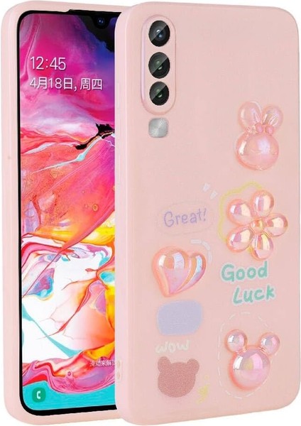 Samsung Galaxy A70 Kılıf Silikon Kabartma Figürlü Parlak Kamera Korumalı Kapak Pembe