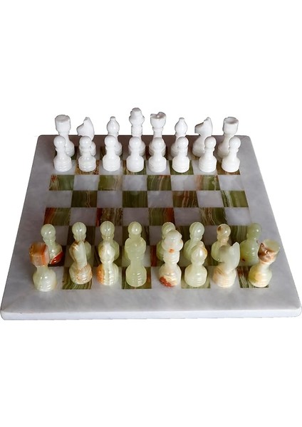Mermer Satranç Takımı, Yeşil-Beyaz Onyx Satranç Tahtası, Kadife Kutu, 32 Parça El Yapımı Taşlar (39 x 39 Cm. (Büyük Boy))