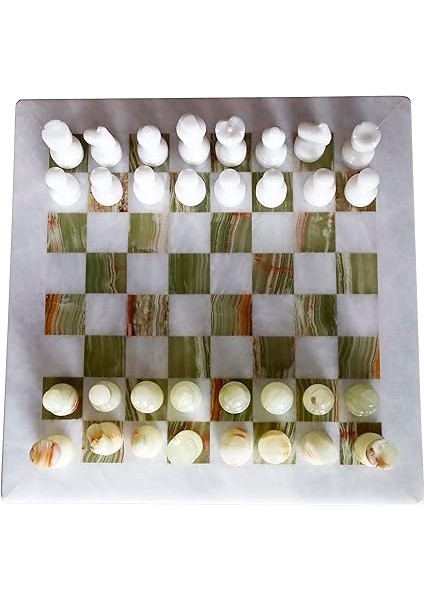 Mermer Satranç Takımı, Yeşil-Beyaz Onyx Satranç Tahtası, Kadife Kutu, 32 Parça El Yapımı Taşlar (39 x 39 Cm. (Büyük Boy)) modelleri