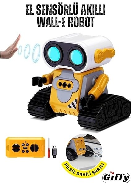 Uzaktan Kumandalı El Sensörlü Akıllı Wall-E Robot Dahili Şarjlı Işıklı Sesli Full Fonksiyonlu El Hareketlerini Algılayabilen Farklı Işık Kombinasyonlu Akıllı Rc Robot (Sarı) fiyatları