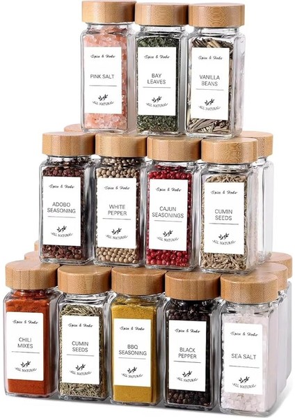 Home 12'li Bambu ve Akasya Kapaklı Cam Baharatlık Seti 120 ml - Doğal Ahşap Kapaklı, Şeffaf Cam, Sağlıklı ve Şık Baharat Kavanozları (Bambu Kapak)