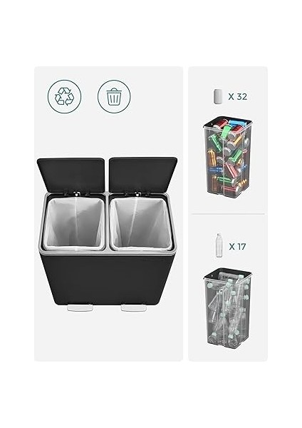 2 Bölmeli Atık Ayırma Sistemli Pedallı Çöp Kovası, Atık Kovası, Mutfak Için, 2 x 24 L, Yumuşak Kapanmalı, Plastik Iç Kova, Pedallı ve Kulplu, Siyah, LTB48BK indirimleri