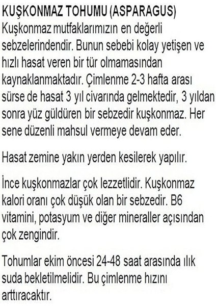 Tarım Ata Tohumu Yerli Kuşkonmaz Tohumu (Asparagus) 40 Adet Tohum fiyatları