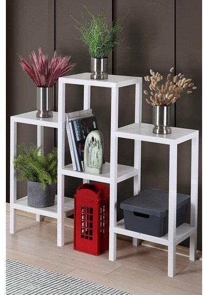 Home 6 Raflı Plastik Raf Ünitesi Saksılık Çiçeklik Saksı Standı Dekoratif Raf Beyaz