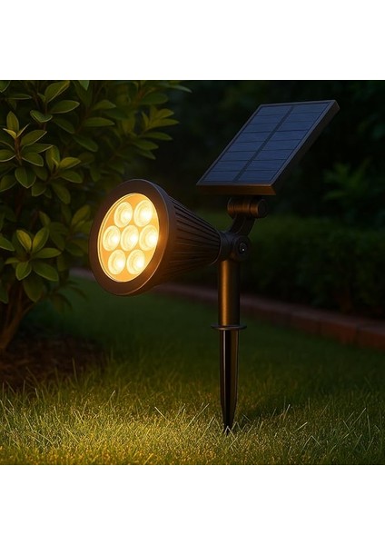 Solar LED Bahçe Armatürü 3200K Günışığı – Güneş Enerjili Kazıklı & Duvar Montajlı Çim Aydınlatma Lambası – 7 Led, IP65, 90 Lümen, 140X270X95 mm